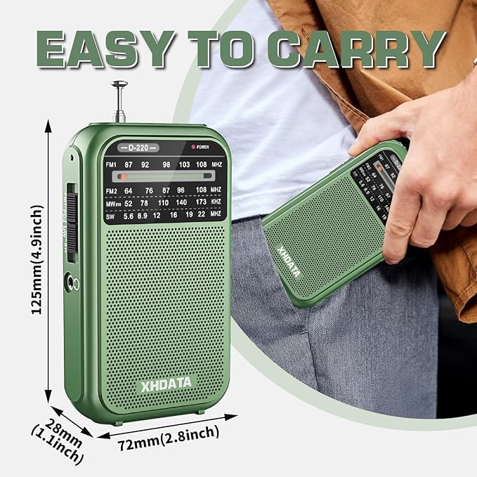 XHDATA D220 Portable AM FM SW Shortwave Receiver Pocket Radio, 2 AA Battery Operated, Transistor Radios with Excellent Reception for Family or Elder (Green)