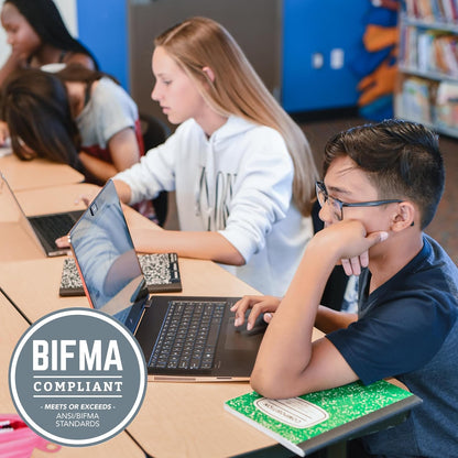 FDP Rectangle (30 x 72 inch) Classroom Table with Adjustable Chunky Toddler Legs (15-24 in); Preschool, Kinder and Daycare Furniture - Pasadena Oak Top/Navy Edge and Legs