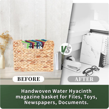 Magazines Holder - Wicker Magazine Rack, Handwoven Magazine Holders for Bathroom, Magazine Organizer for Books, Newspaper, Water Hyacinth Magazine Basket, 14.2 x 11.4 x 6.7 inch