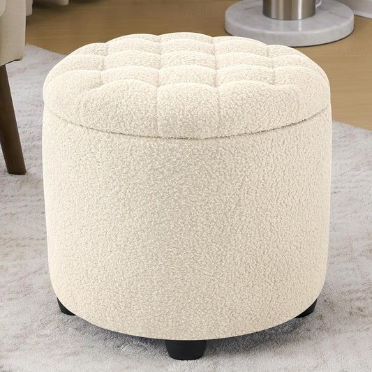 Furniliving Modern Round Storage Ottoman,Button Tufted Ottoman Foot Stools Ottoman Footstool with Removable Lid Storage Ottomans for Living Room, Bedroom, Makeup Room，Sherpa, IvoryWhite