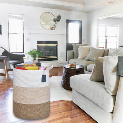 COMSE Extra Large Blanket Basket, Tall Woven Storage Basket, Nursery Hamper, 15.7”x 21.7”, Cotton Rope Laundry Hamper for Toys Clothes Towels, White/Gradient Brown