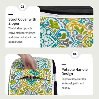 Inflatable Ottoman Stool D21 xH9 for Outdoor/Indoor Use, Water Repellent Patio Foot Rest Stool with Portable Handle,Round Pouf Ottoman Suitable for Garden,Deck and Camping - Damask Green