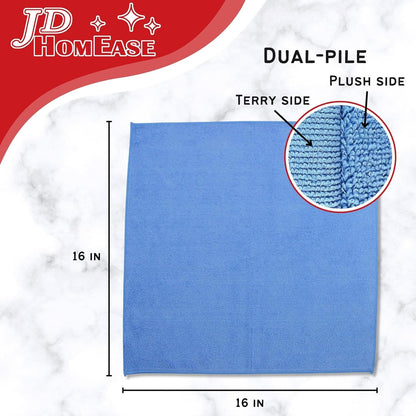 Microfiber Cleaning Cloths,12 Pack, 16"x16", All-Purpose, Softer, Highly Absorbent, Lint-Free, Reusable, Washable Pro Towels, Blue, for House, Kitchen, Bathroom, Car, Office