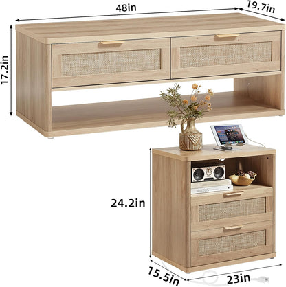 LEYAOYAO Boho Rattan Coffee Table and End Table Sets, 48" Wide Center Tables & 23" Night Stand with Charging Station Chest of Drawers, Natural Wood Coffee Table for Living Room 3 Piece Set