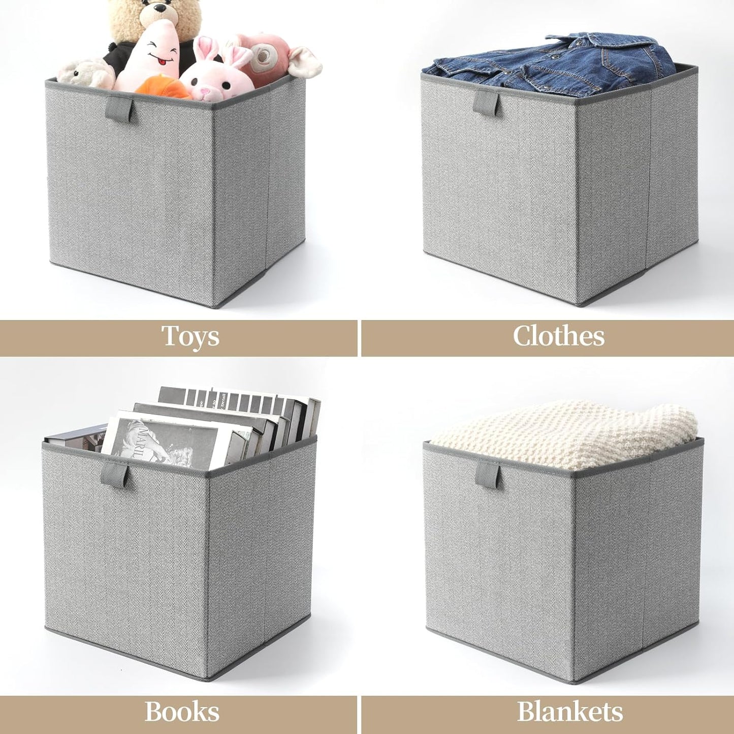 Storage Baskets, 11.8-Inch Woven Fabric Bins, Storage Cubes with Reinforced Handles, Organizer Bins for Closet Shelves, Foldable, for Toys, Clothes, Natural Beige (4PCS/Grey-11.8*11.8*11.8inch)