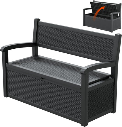 70 Gallon Lockable Outdoor Storage Bench Waterproof, Deck Box Bench for Patio, Porch, Garden, Poolside, Stores Tools & Pool Supplies, Heavy-Duty Outdoor Bench with Storage, Black