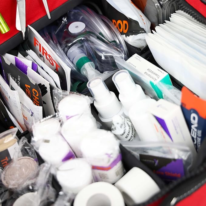 Lightning X MB30-SKC Large EMT Trauma Kit | Fully Stocked First Responder Bag w/ 240+ Supplies | EMS Fire Police Office Sports Team Emergency Medical Kit - RED