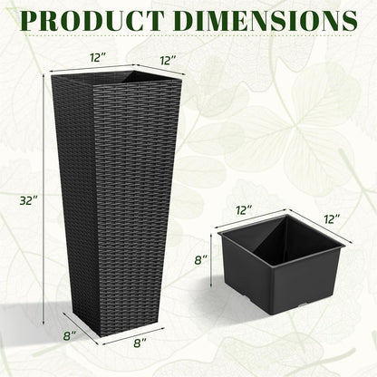 JUMMICO Set of 2 Resin Rattan Tall Planters for Outdoor Plants, Large Tapered Planters with Drainage Holes&Inner Trays, Flower Pots for Garden, Patio, Porch, Backyard (Black, 32'')