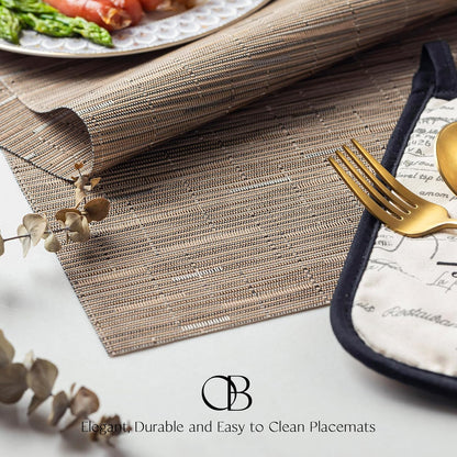 Placemats Set of 4 - Easy Clean Woven Vinyl Placemats for Dining Table, Indoor/Outdoor Place Mats, Washable PVC Table Mats （Light Brown）