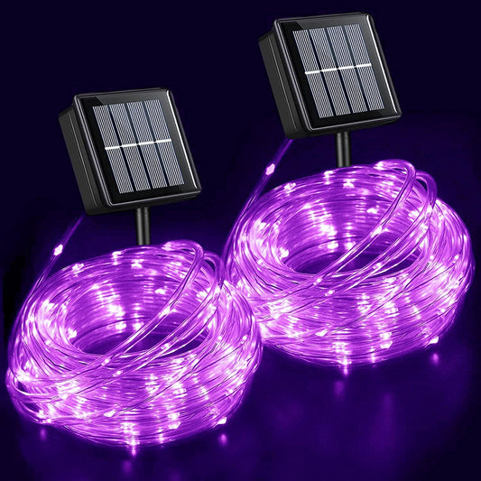 YEGUO 2 Packs Each 33ft 100 LED Solar Rope Lights Outdoor Waterproof, Purple String Lights for Outside, 8 Modes Fairy Lights in Clear Thin Tube for Camping Fence Patio Garden Trampoline Deck