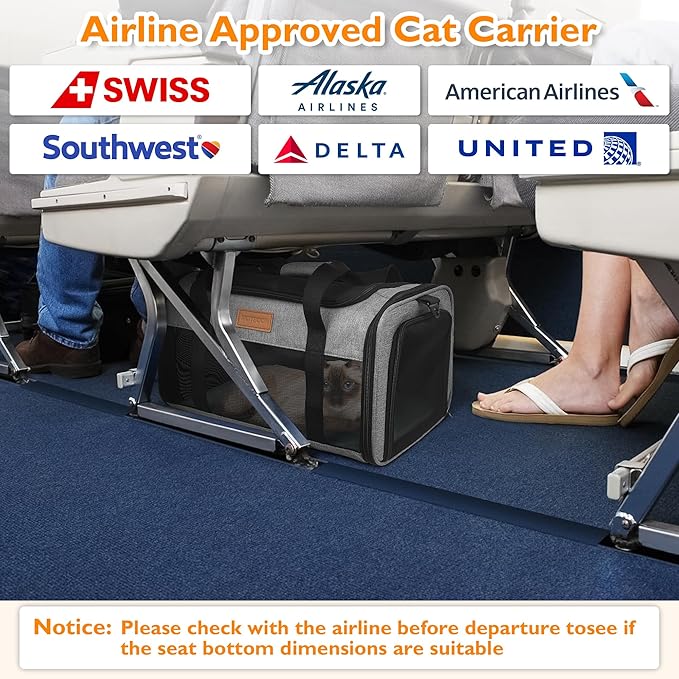 PETUX Cat Travel Carrier with Litter Box - 17"x11"x9.5", TSA Airline Approved, Underseat, Soft Sided Pet Carrier for Small Cats Under 12 lb with Safety Zipper, Anti-Scratch Mesh - Grey
