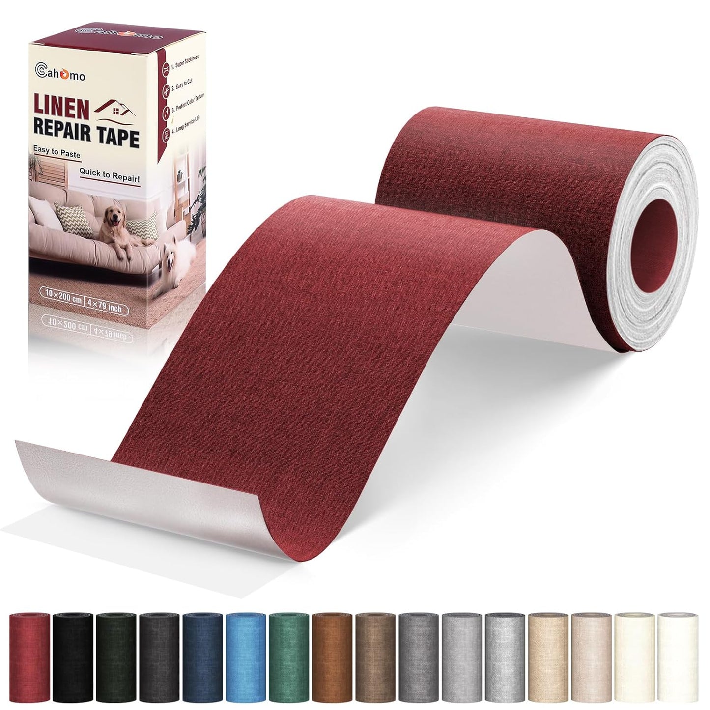 Linen Repair Tape 4x79 inch, Self Adhesive Fabric Patches, Linen Patch Tape Kit, Fabric Repair Tape for Couch Sofas, Headboards, Chairs, Pillows, Curtains, Couches - Dark Red