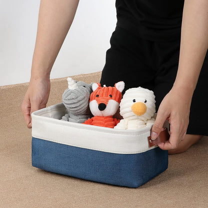 DULLEMELO Set of 6 Small Baskets for Organizing, Small Fabric Storage Bins for Toys Storage, Collapsible Storage Bins with Leather Handles for Shelves, Closets, Laundry, Nursery(White&Blue)