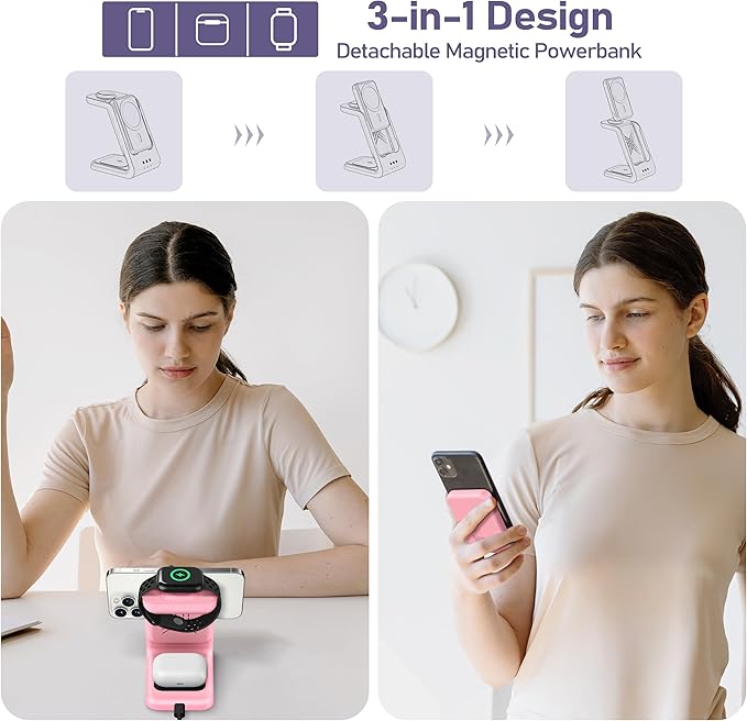 3 in 1 Wireless Charging Station: 5000mAh Removable Power Bank Charger Stand for Phone/Watch/Air Pods - Portable Magnetic Battery Pack for Air 17 16 15 14 13 12 Series Pink
