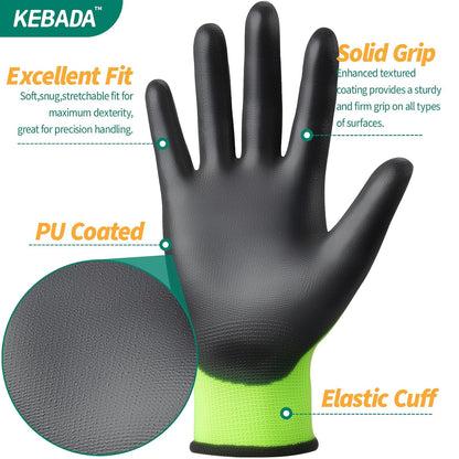 Kebada W1 Work Gloves for Men and Women, Touchscreen PU Coated Gloves with Grip, 50 Pairs Bulk Pack, Ideal for Warehouse Package Handling, Construction, Gardening, Green Medium