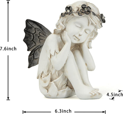 Leekung Ivory White Resin Sculpture, Angel Figurine with Solar Powered Lights for Outdoor Decor, Garden Decorations & Memorial Gifts