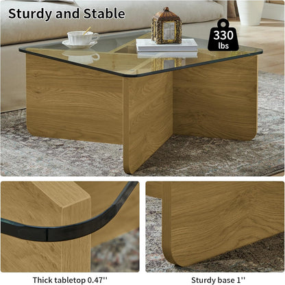 31.5" Glass Coffee Table, MDF Mid-Century Modern Square Coffee Table with Tempered Glass Top, Square Center Tables for Small Space Living Room Office Apartment, Wood