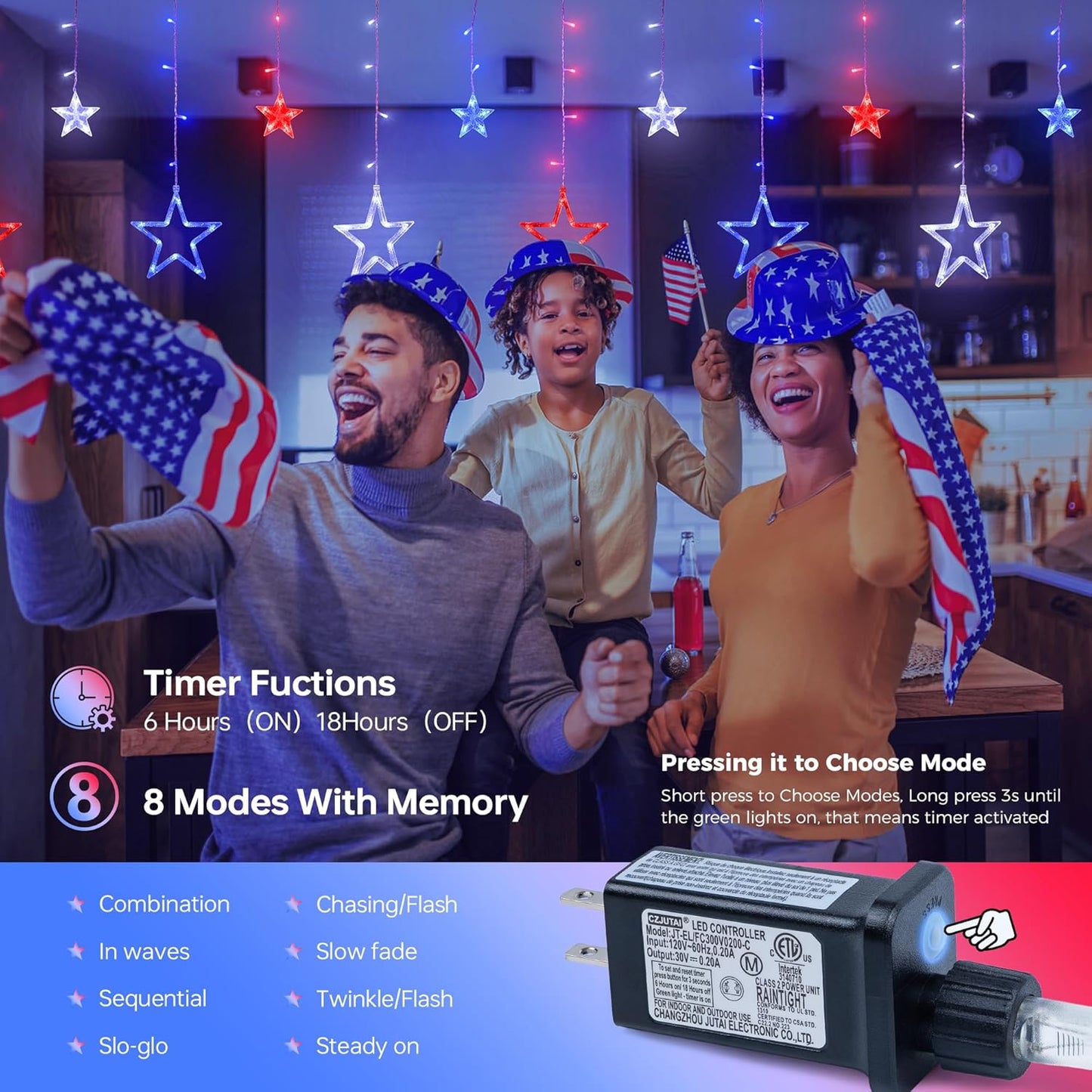 4th of July Patriotic Star Icicle Lights,8.2ft 126LED red White and Blue Curtain String Waterproof, 8 Modes with Timer Connectable Independence Day Decorations Window Lights for Outdoor Indoor