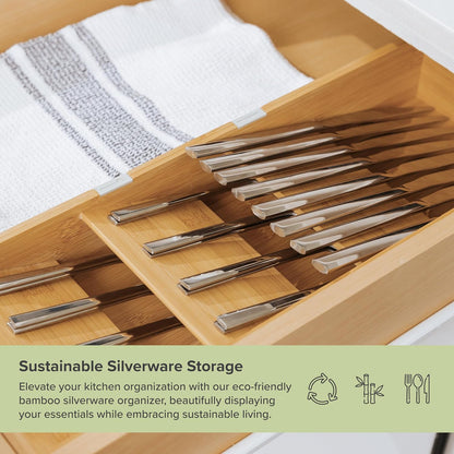 Premium Cutlery, Flatware, and Silverware Drawer Organizer – Slanted 3-Compartment Design with Labeled Slots, Non-Slip Feet, 100% Sustainable Bamboo