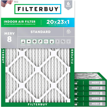 Filterbuy 20x23x1 Air Filter MERV 8 (MPR 700) Dust Defense Replacement (6-Pack), Electrostatic Pleated HVAC AC Furnace Filters, Made in USA (Actual Size: 19.50 x 22.50 x 0.75)