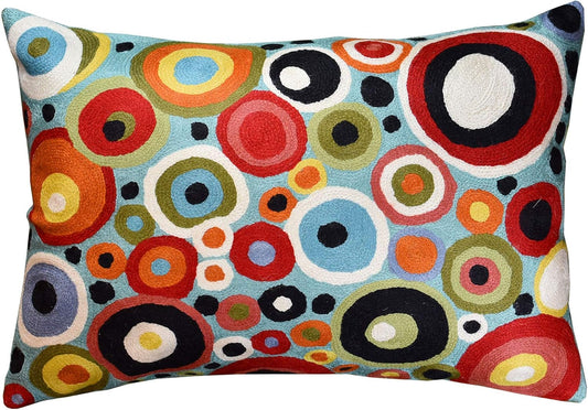 Lumbar Polka Dots Pillow Cover Turquoise Contemporary Decorative Pillowcase Blue Modern Outdoor Chair Cushion Couch Boho Cushions Hand Embroidered Cushions Wool Size - 14x20