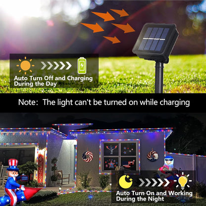 YEGUO 4th of July Decorations Red White and Blue Lights, 2 Packs Each 33ft 100 LED Solar Rope Light with 8 Modes for Patriotic Independence Memorial Day Decor