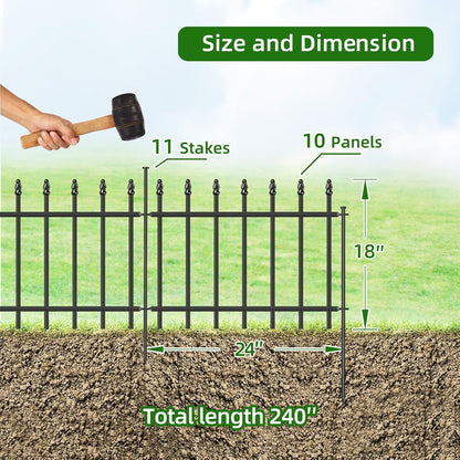 Decorative Metal Garden Fence 18 in H x 20 ft L, Small Border Fence Roman Column Deco, Garden Fencing for Yard Flower Bed Lawn Landscape Outdoor, 10 Panels + 11 Stakes Black