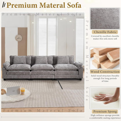 URRED Modular Sectional Sofa Comfy Cloud Couch, Modern Chenille Sofa Sleeper Deep Seat Couches with Ottoman/Pillows for Living Room (Gray, 117'')
