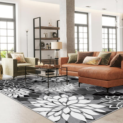 Indoor Outdoor Area Rug Washable Multicolored Rug Tropical Botanical Modern Floral Indoor Outdoor Carpet Black White Rug Non Slip Non Shedding for Patio, Deck, Backyard, Porch (5x8)