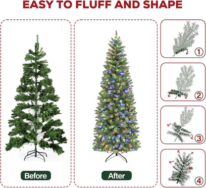 Hykolity 7.5 ft Prelit Pencil Slim Christmas Tree, 792 Branch Tips, 300 Color Changing LED Lights for Decoration, Metal Stand and Hinged Branches, 10 Color Modes