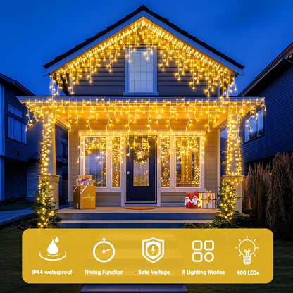 JMEXSUSS 38.8FT Icicle Lights for Outside, 400 LED Icicle Christmas Light Outdoor Indoor Plug in, Warm White String Lights for Christmas House Patio Party Fireplace Holiday Decorations