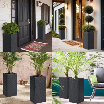 LEWIS&WAYNE Set of 2 Tall Planters for Outdoor Plants Handmade 24'' Wicker Tall Square Planter Box with Removable Liners Modern Planter for Indoor Outdoor Garden Patio Front Porch - Black