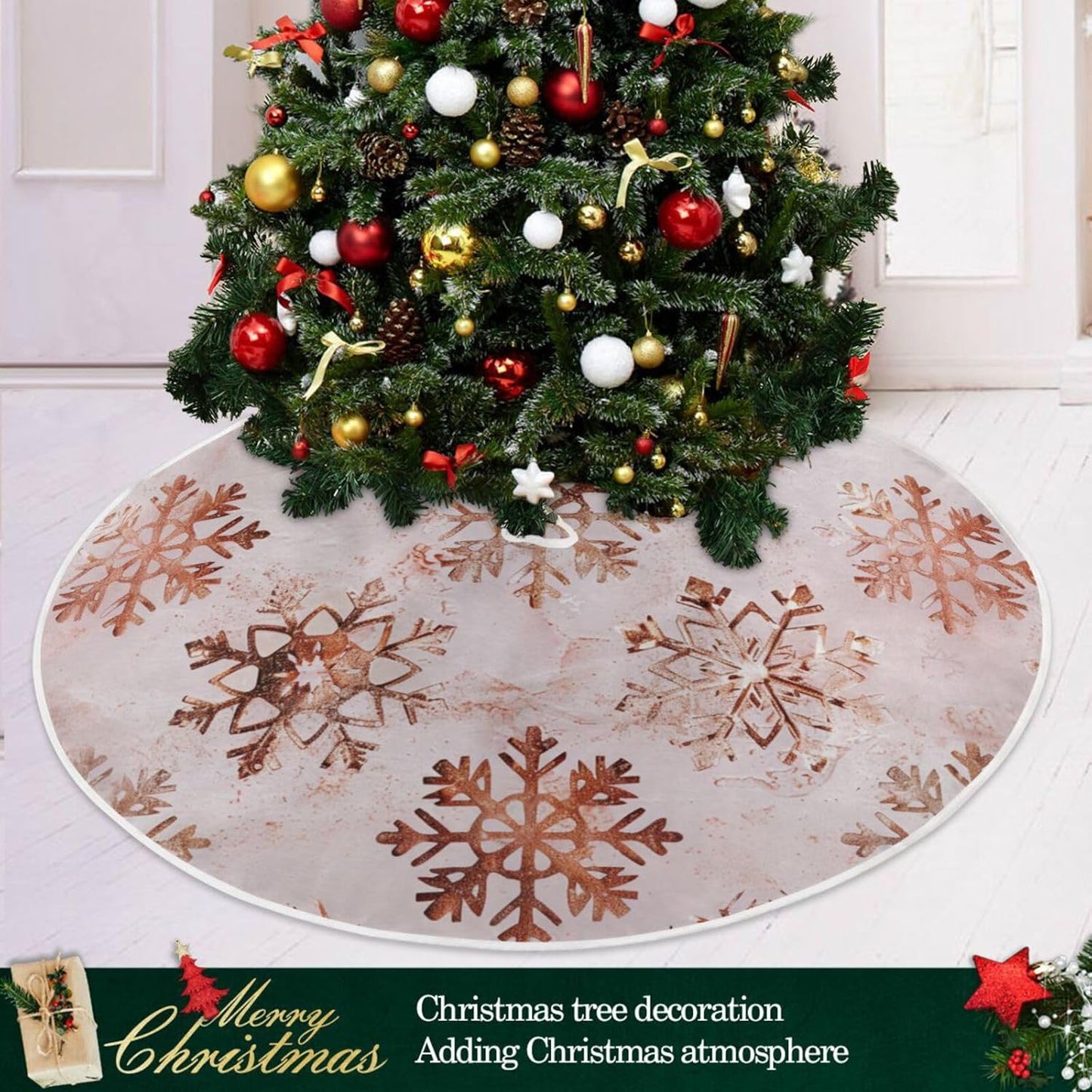 Christmas Tree Skirt, 36 Inch Rose Gold Snowflakes Pattern Xmas Tree Skirt for Christmas New Year Party Decorations Christmas Tree Mat