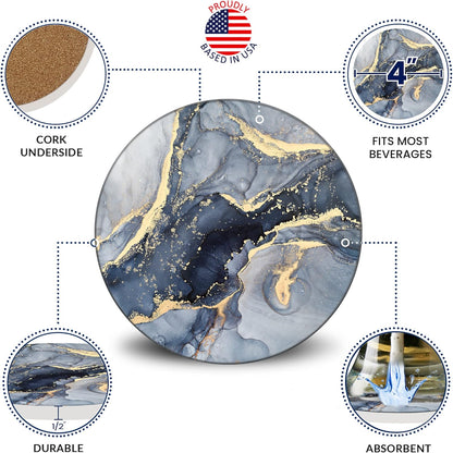 Emerson Coasters for Drinks Absorbent – Saucers Coffee Table Set of 6 with Holder, Wooden Tabletop Protection Marble Style 100% Ceramic - Non-Slip & Cork Bottom - Heavy Duty Drink Coasters (Riptide)