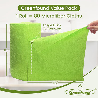 Greenfound Microfiber Cleaning Cloth Roll -80 Pack,Tear Away Microfiber Towels for Car,Reusable Paper Towels Washable,Absorbent,Lint Free Cleaning Rags for House,Kitchen,Window-11.5"×11.5"(Wave Green)