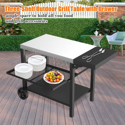 Grill Cart, Outdoor Grill Table, Pizza Oven Stand, Three-Shelf BBQ Table, Movable Dining Cart with Drawer, Fits for Ninja Woodfire Grill, Blackstone Griddle,Tabletop Grill