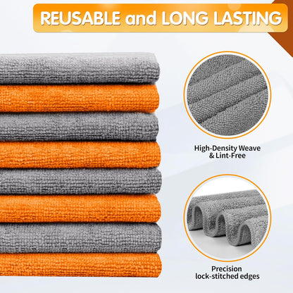 FIXSMITH Microfiber Cleaning Cloth -Pack of 8, Highly Absorbent Cleaning Rags(Grey&Orange), 16"X12" All Purpose Cleaning Towels for Housekeeping, Kitchen, Car, Reusable Microfiber Towels