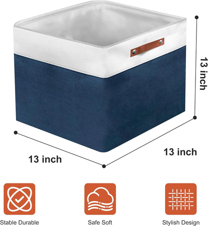 13in Open Fabric Storage Basket with Leather Handles for Organizing, Collapsible Linen Closet Bins for Shelves, Closets, Laundry, Decorative Basket for Gifts. (White＆Blue, 3PCS/13x13in)