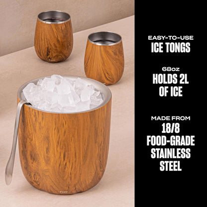 S’well Stainless Steel Ice Bucket with Tongs, 68oz Capacity, Teakwood Finish, Triple-Layer Vacuum Insulated to Keep Ice Colder Longer, BPA-Free Barware