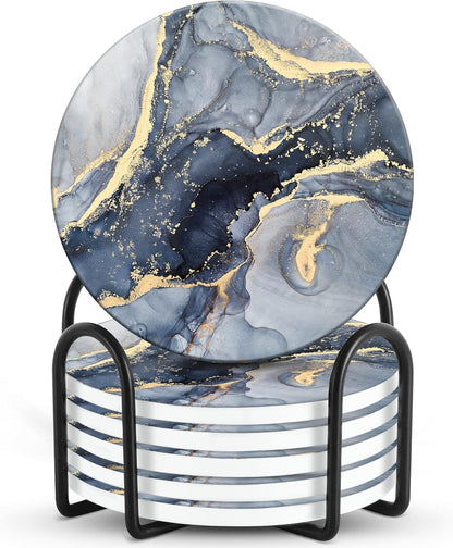 Emerson Coasters for Drinks Absorbent – Saucers Coffee Table Set of 6 with Holder, Wooden Tabletop Protection Marble Style 100% Ceramic - Non-Slip & Cork Bottom - Heavy Duty Drink Coasters (Riptide)