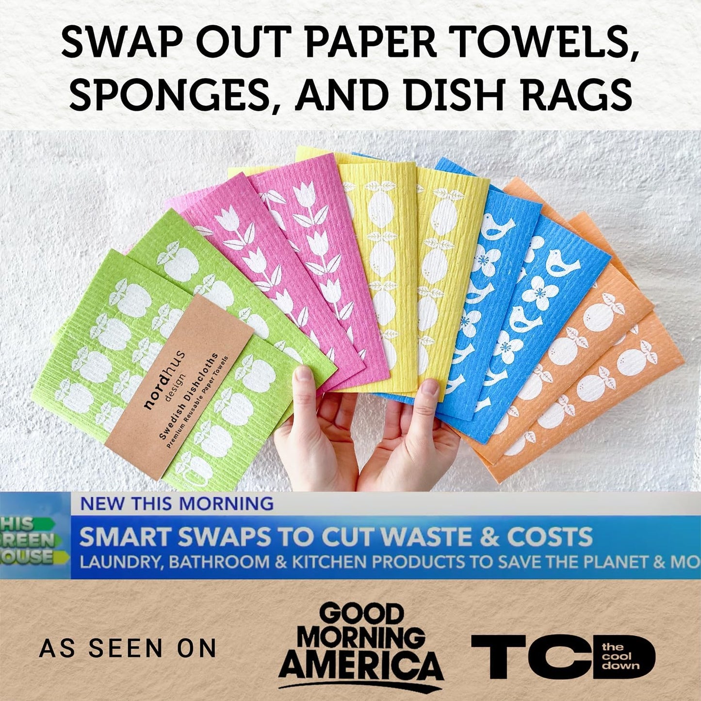 Nordhus Design Swedish Dishcloths,10 Cloths, Made in Sweden - Reusable, Washable Cellulose Cotton Kitchen Cloths - Replace Paper Towels, Wipes, Sponges, Dish Rags