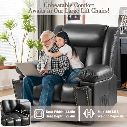 Electric Power Lift Recliner Chair for Elderly with Heat & Massage, Breathable Leather Large Reclining Chairs w/2 Concealed Cup Holders for Seniors Home Living Room,1PC,Grey