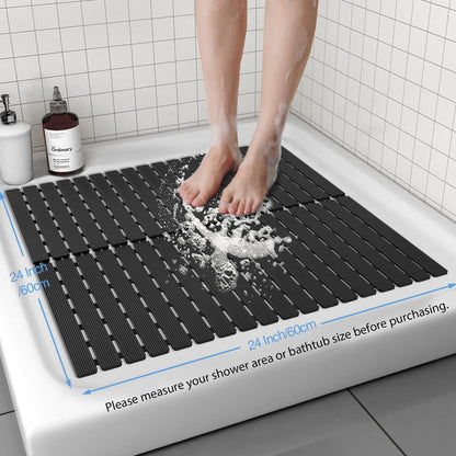 Shower Mat Non-Slip Bath Mat for Tub Floor & Stall with 200+ Suction Cups & Drain Holes, Quick Dry Machine Washable Bathtub Mat, Safe for Elderly& Baby, Bathroom Essentials 24x24 Inch (Black)