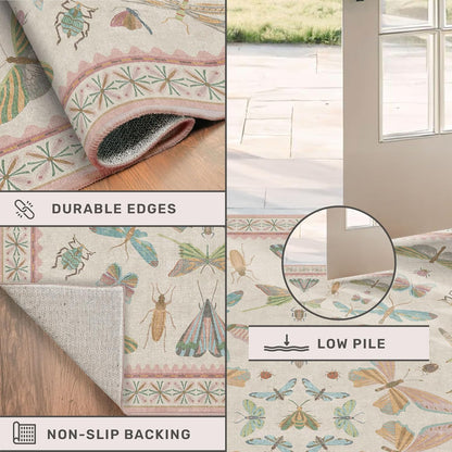 Cute Rugs for Bedroom Girls - Pink Living Room Rugs 8X10, Dining Room Table, Washable Pastel Flower Insect Print Whimsical Décor