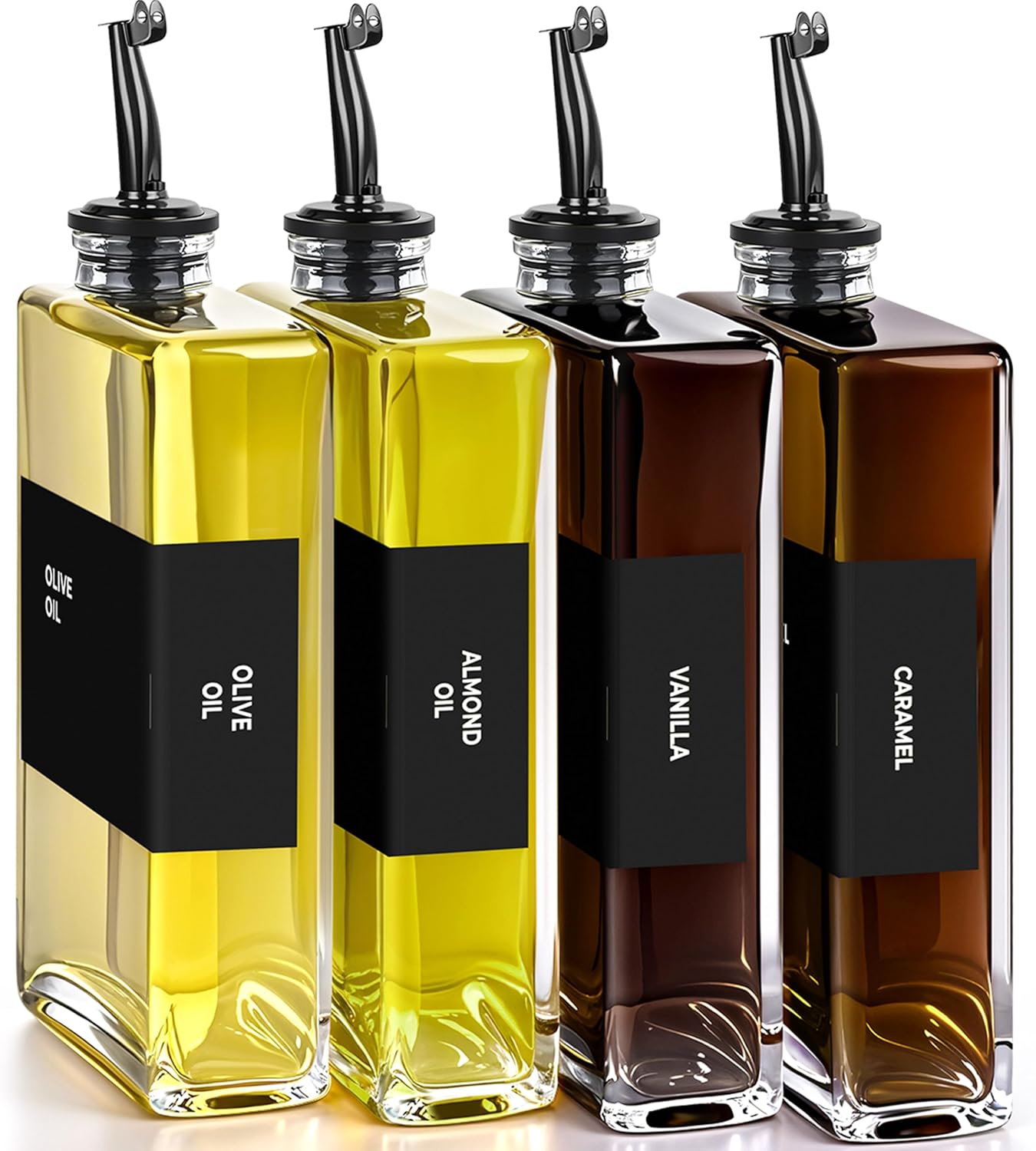 Olive Oil Dispenser Bottle - Includes 44 Kitchen Essential Labels - Cooking Oil Bottles for Kitchen, Coffee Syrup Dispenser - Pourer Spout with 11.8 fl oz Glass Container Cruet - 4pcs, Black