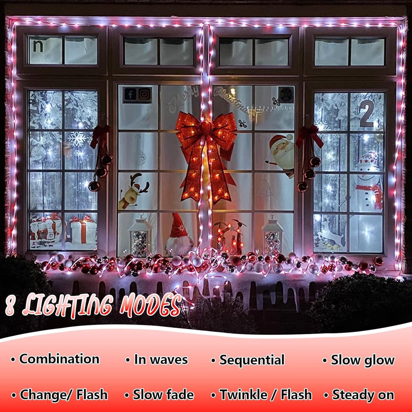 YEGUO Solar Christmas Candy Cane Rope Lights, 2 Packs Each 33ft 100 LED Red & White Solar Rope Light Outdoor Waterproof Decorations String Tube Lights