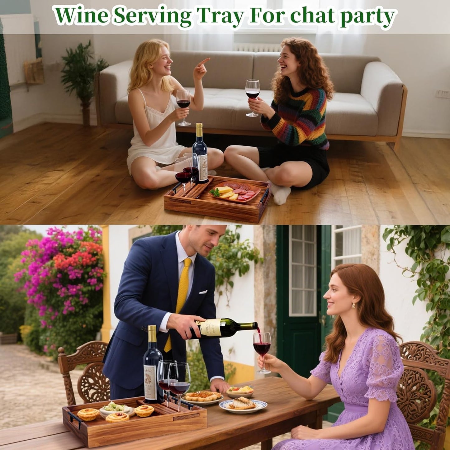 Wood Serving Tray with Handles, 17"x12" Rustic Wooden Trays with Removable Wine Glass Holder Decorative Ottoman Tray for Living Room, Coffee Table, Breakfast Food Trays in Bed