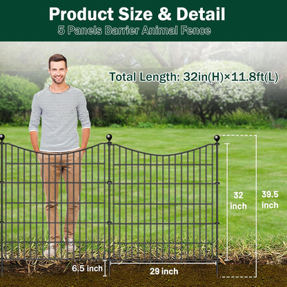 5 Panels Decorative Garden Fence with Gate, 32 in(H) X 12 ft(L) No Dig Dog Fence Animal Barrier Outdoor for Yard, Rustproof Metal Garden Edging and Borders, Temporary Fencing Stakes