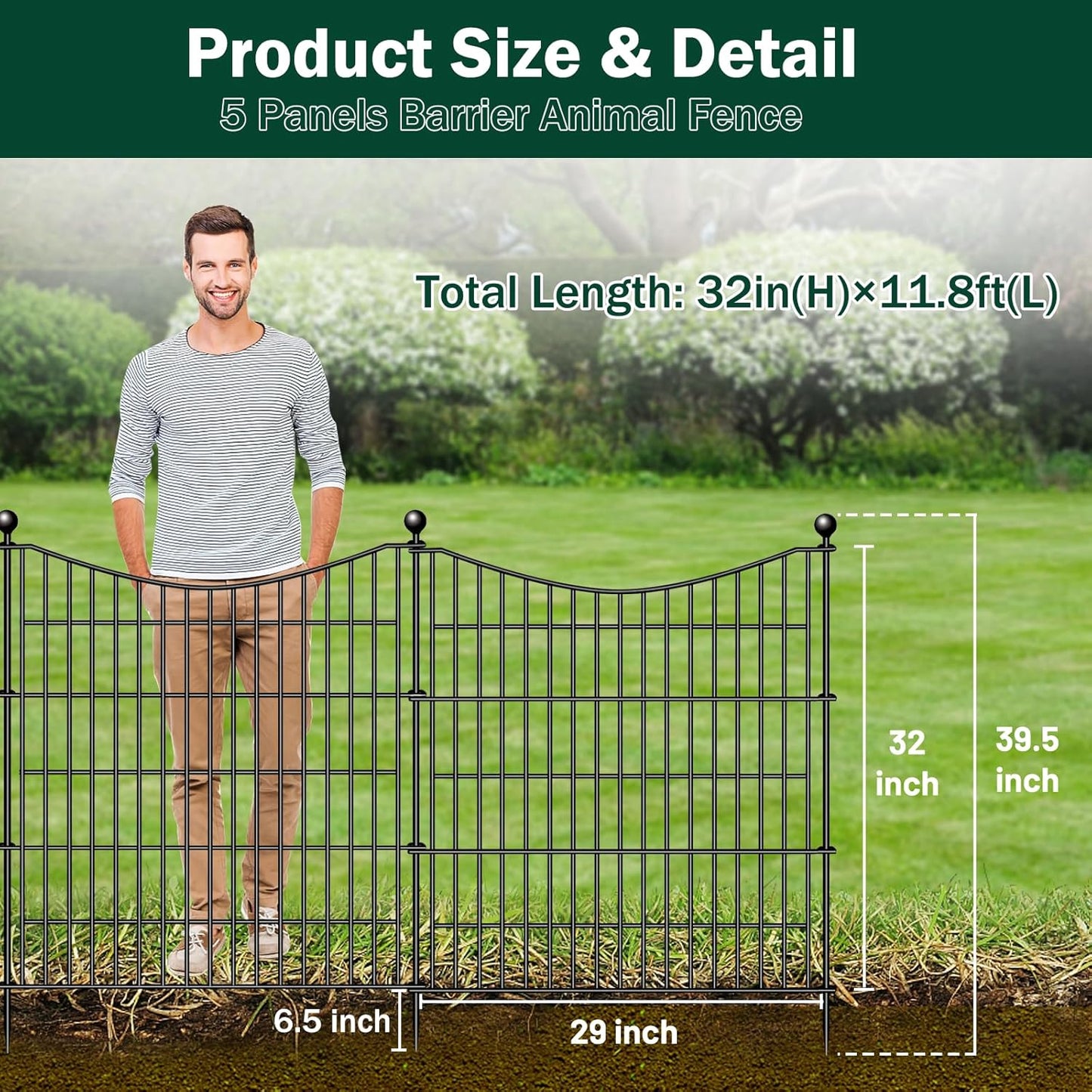 5 Panels No Dig Dog Fence Outdoor for Yard, 32 in(H) X 12 ft(L) Decorative Tall Garden Fence Animal Barrier, Rustproof Metal Wire Garden Edging and Borders, Temporary Fencing Stakes