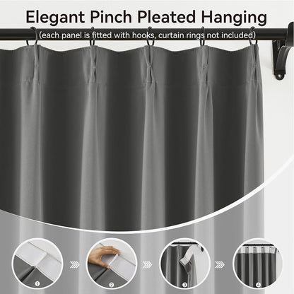 KangBang Grey Pinch Pleated Curtains 90 Inches Long for Bedroom, Blackout Energy Saving Neutral Modern Alloy Pinch Pleat Curtains & Drapes with Adjustable Hooks 2 Panels,40Wx90L